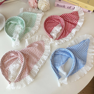 懒人发箍蓝色格子蕾丝三角头巾女包头田园风发带高级感海边氛围感