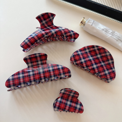 韩系新款复古格子抓夹高级感后脑勺氛围感盘发鲨鱼夹半夹发饰头饰