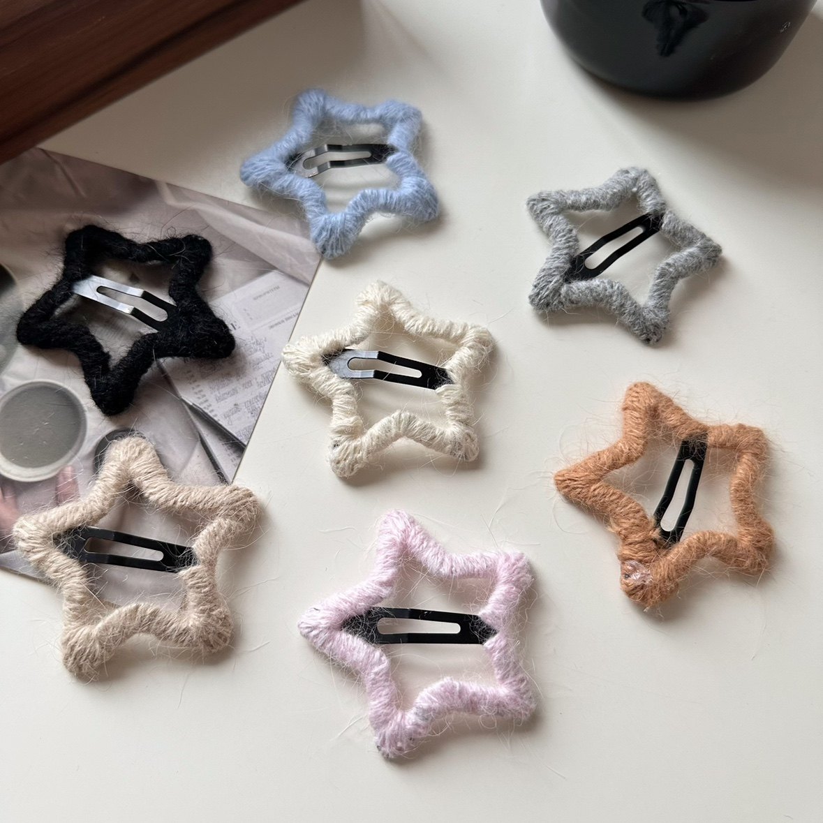 新款手工毛线缠绕星星发夹