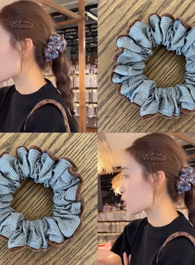 韩系蓝色条纹撞咖色边边甜美风朋克风原创设计女发绳欧美风发圈