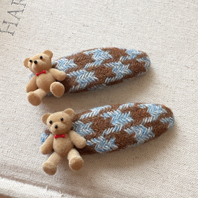 韩系秋冬新款千鸟格植绒小熊发夹掰掰夹刘海夹前额碎发夹侧边夹子