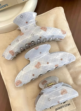 蓝色格纹睡衣小熊醋酸抓夹甜美韩系后脑勺盘发鲨鱼夹发饰日常通勤