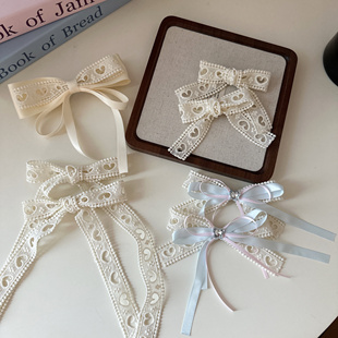 可爱仙气白色蕾丝爱心蝴蝶结发夹丝带少女边夹侧边夹双马尾编发卡