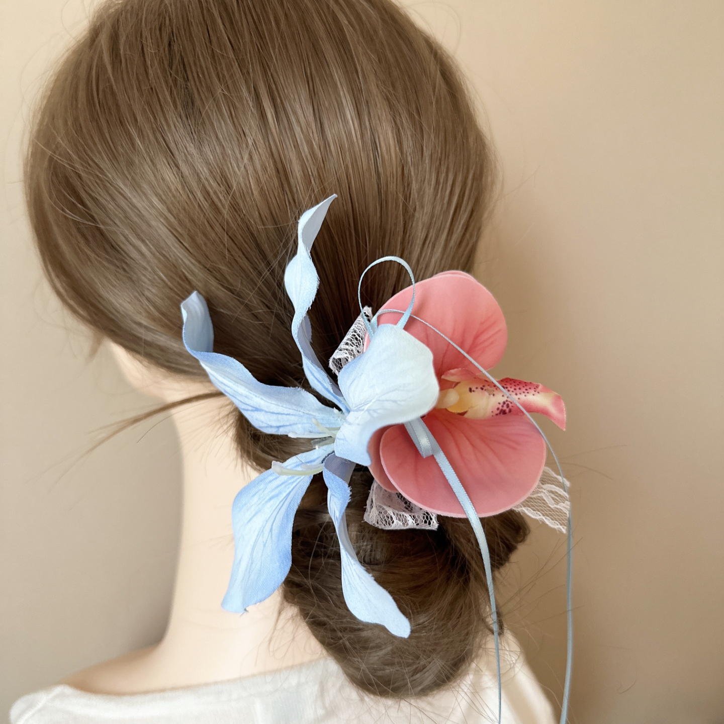 新款高颜值百搭甜美氛围感仿真花朵发夹百合花飘带鸭嘴夹发饰发卡