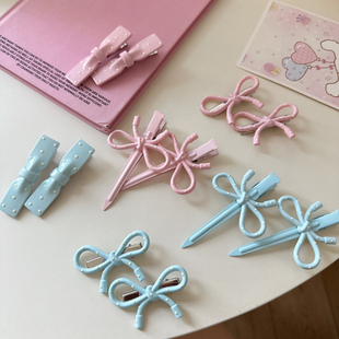 韩系新款 粉蓝波点蝴蝶结发夹少女碎发刘海夹甜美百搭鸭嘴夹发卡饰