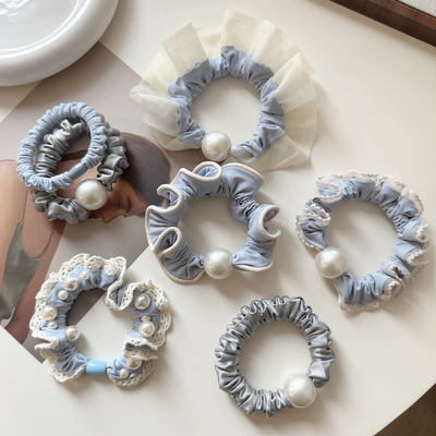 奶油蓝色发圈珍珠花边小肠圈