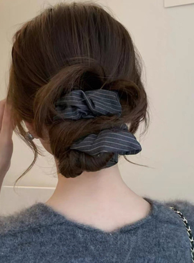 秋冬韩系灰色条纹大肠发圈慵懒气质高级盘发皮筋低丸子头马尾头绳