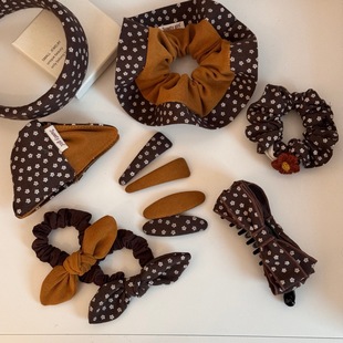 韩系新款黄色咖色小花发夹气质百搭秋冬大肠发圈发箍抓夹头绳发饰