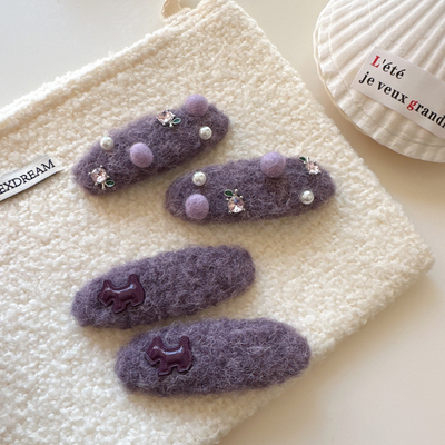 韩系新款紫色羊羔毛小狗水钻毛球发夹刘海夹碎发边夹可爱侧边夹子