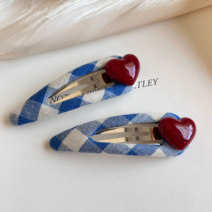 日韩新款蓝色格子红色爱心发夹复古高级感侧边刘海夹手做布艺发卡