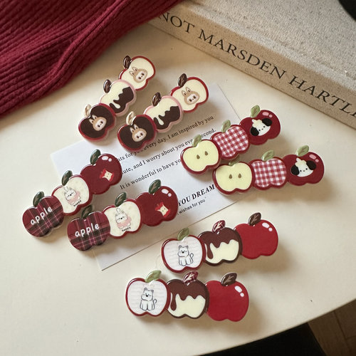 可爱圣诞红色苹果发夹刘海夹碎发边夹儿童学生前额对夹鸭嘴夹发卡