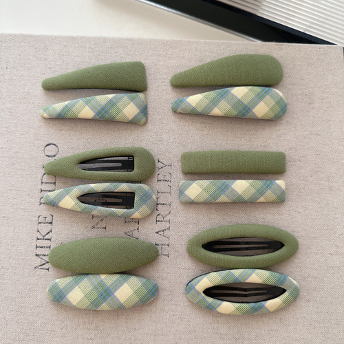 韩系手做春夏新款手做布艺绿色格子发夹刘海夹小清新碎发边夹发饰