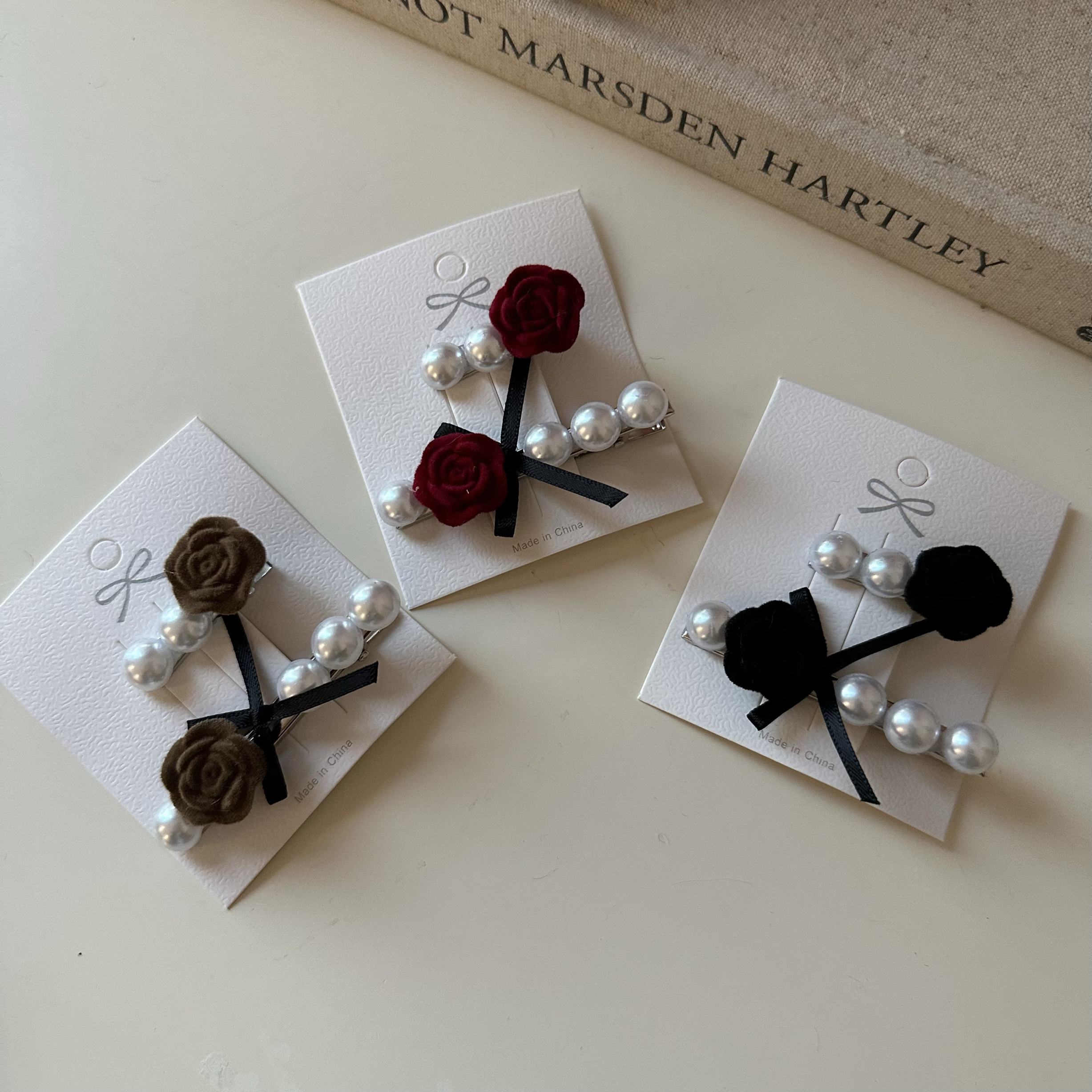 复古珍珠蝴蝶结山茶花刘海夹前额发夹侧边边夹头饰发卡鸭嘴一字夹