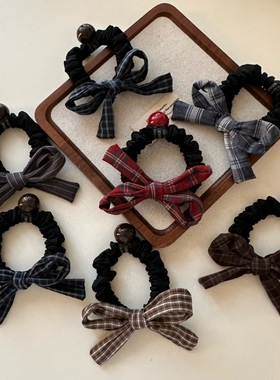 韩国同款氛围感蓝色咖色格子发圈气质百搭丸子头皮筋马尾头绳发饰