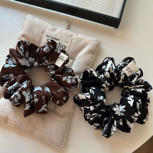 韩国同款 复古咖蓝碎花大肠发圈气质百搭氛围感头绳马尾皮筋发绳