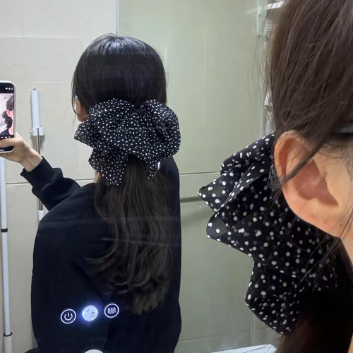 复古法式波点三层网纱飘逸灵动蝴蝶结马尾夹半扎后脑勺鲨鱼夹抓夹