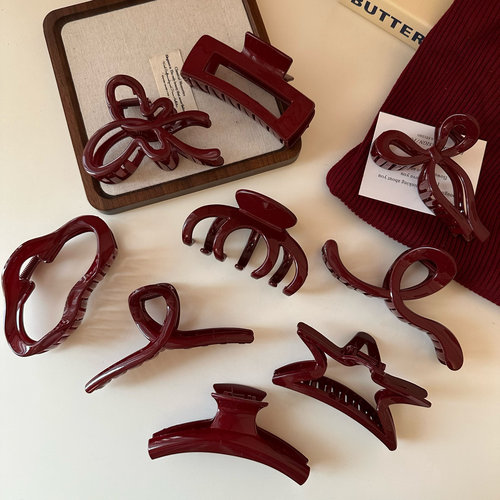 复古百搭酒红色系抓夹简约红色后脑勺盘发鲨鱼夹网红新款发夹发抓