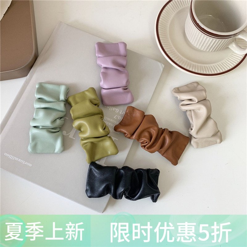 新品韩国时髦新款复古褶皱皮质发夹网红刘海夹发卡百搭个性边夹发