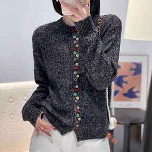 亮片毛衣外套女装 欧货圆领长袖 时尚 新款 针织开衫 彩色多扣2025冬装