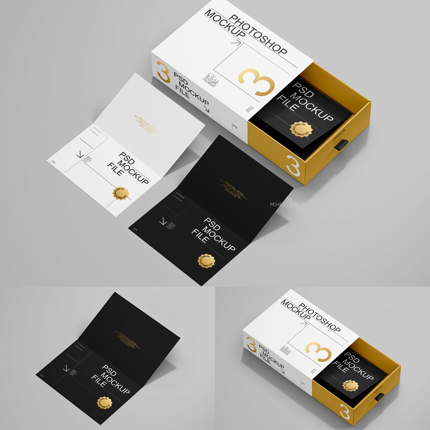 3款文创vi品牌推拉纸盒包装盒明信片海报信纸邀请函psd样机贴图