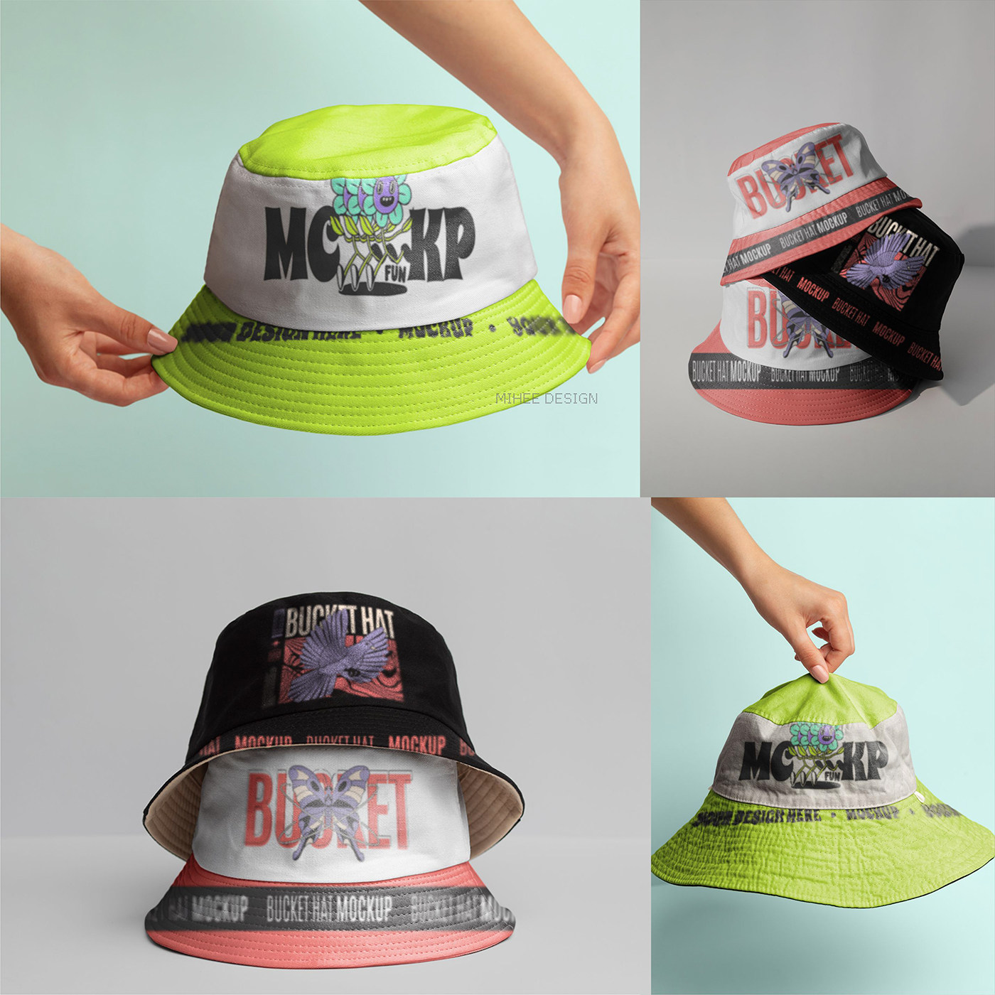 30款多角度渔夫帽帽子遮阳帽外观设计展示贴图样机psd可改背景色