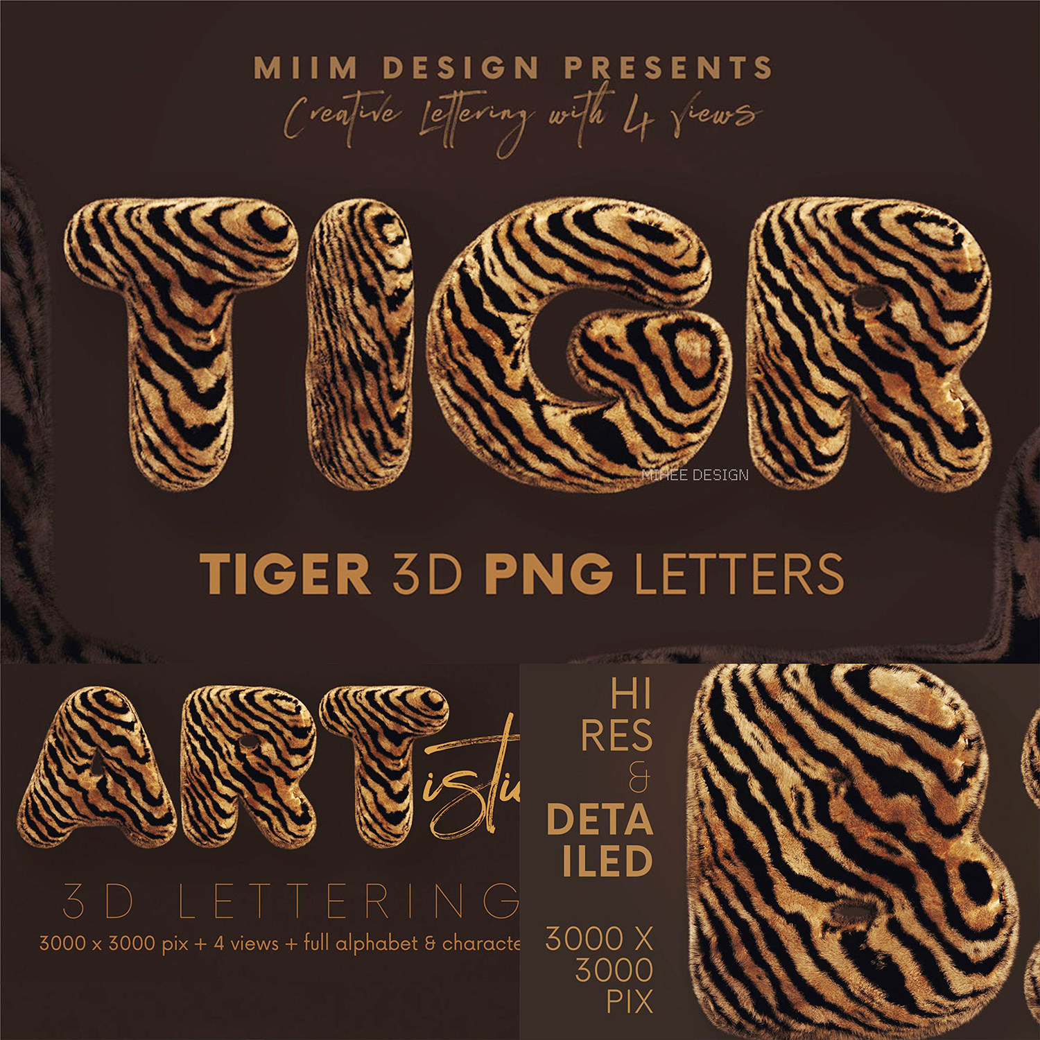 逼真老虎皮毛刻字3d立体字母png透明格式图片设计素材tiger 非psd