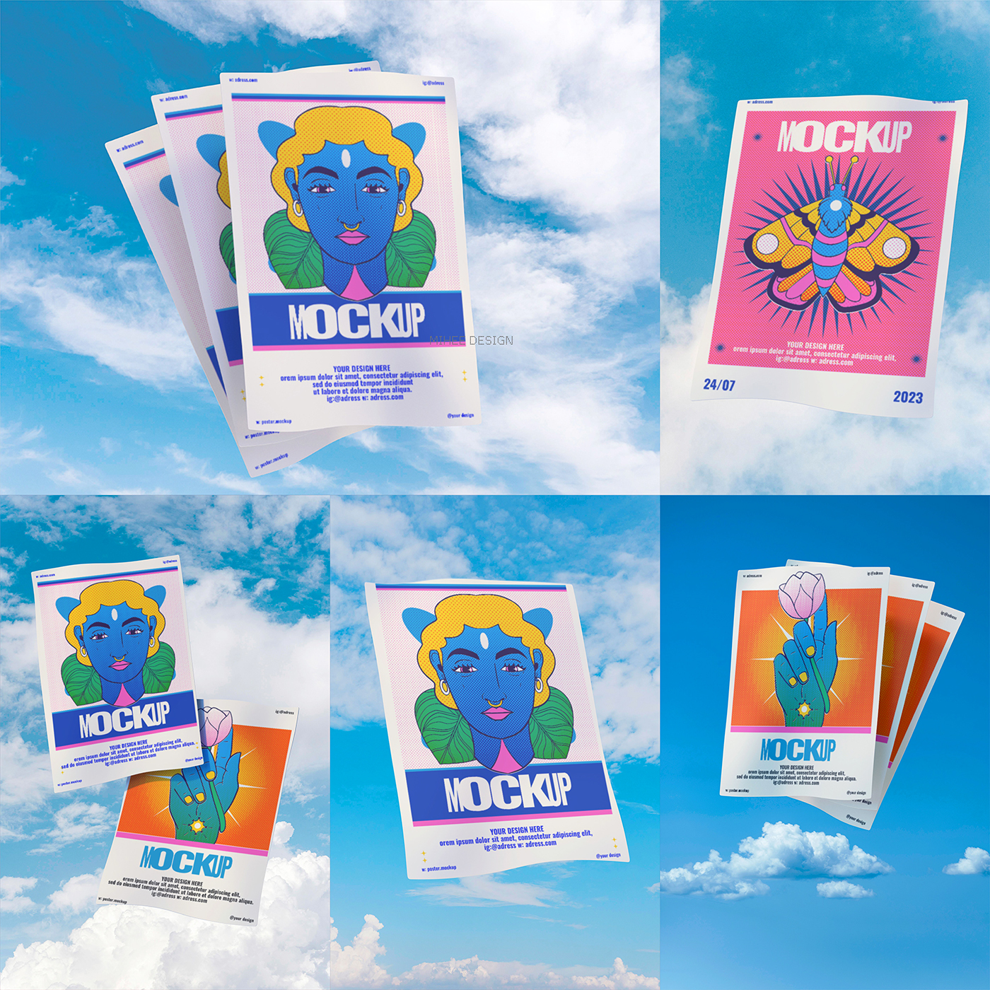9款天空背景A4信笺传单插画海报设计展示PSD样机模板套装Mockup