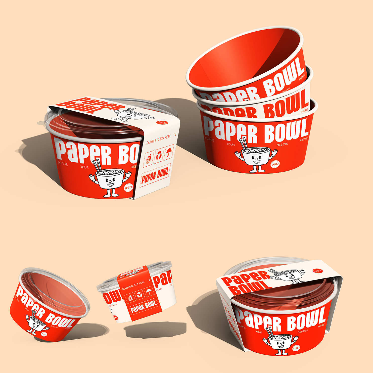 3款外卖碗迷你纸碗餐饮外卖小食打包盒纸盒贴图样机PSD模板素材