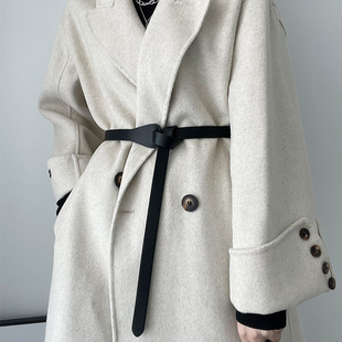 无扣打结毛衣腰带女细真皮流行百搭西装 束腰简约秋冬大衣皮带黑色