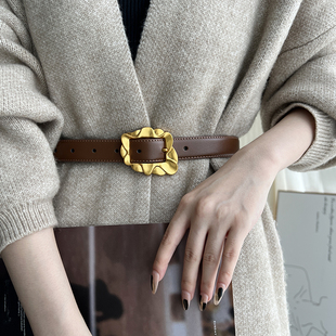饰配裙子外套大衣百搭皮带女士真皮 腰封装 棕色高级感时尚 腰带女