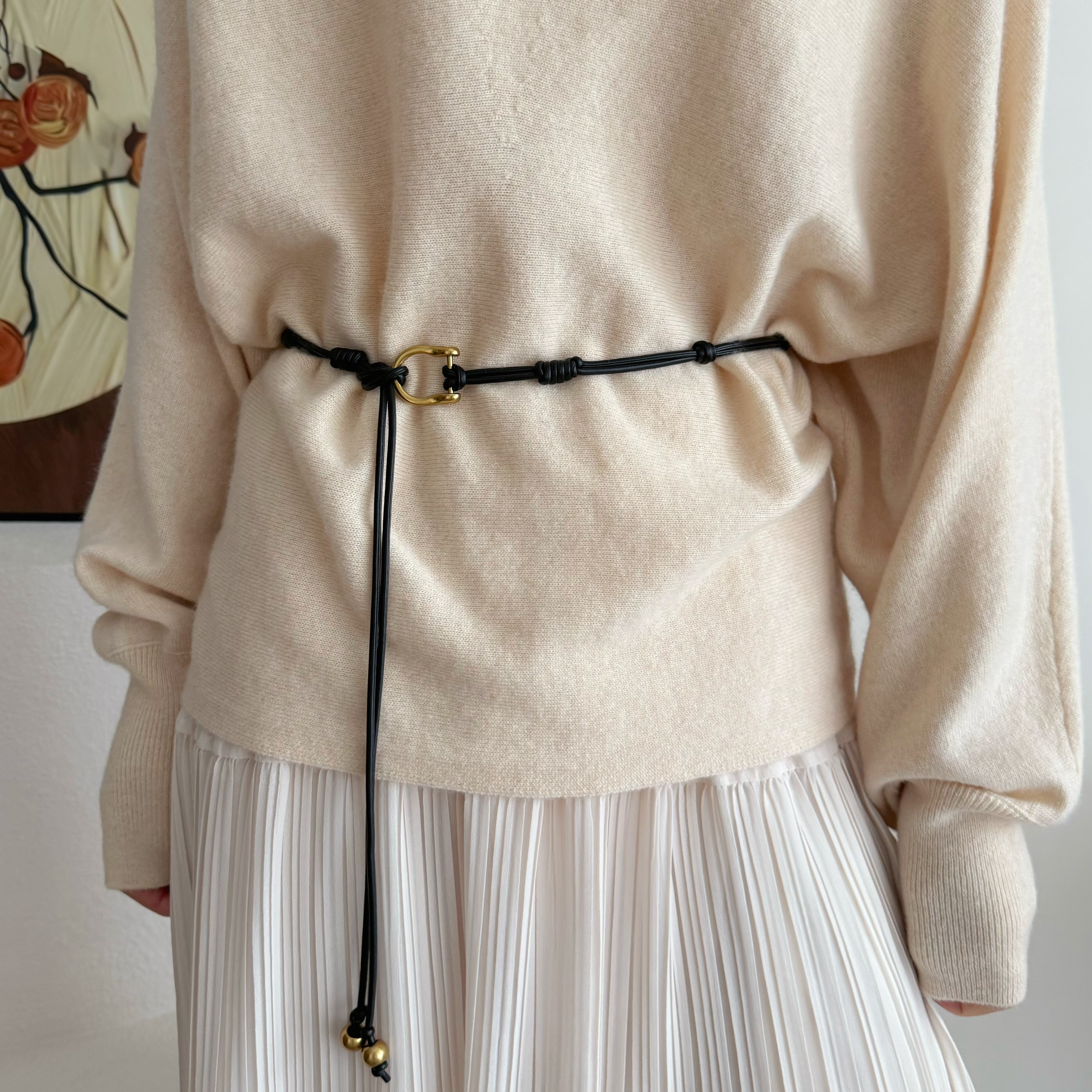 黑色皮绳腰带女长款串珠腰链配裙子毛衣外套高级感腰间配饰腰绳潮