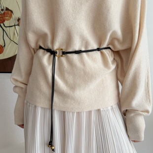 黑色皮绳腰带女长款 串珠腰链配裙子毛衣外套高级感腰间配饰腰绳潮