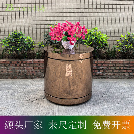 不锈钢圆形茶几 镜面玫瑰金展台 腰线圆柱 线条展示柱 摆台 中岛