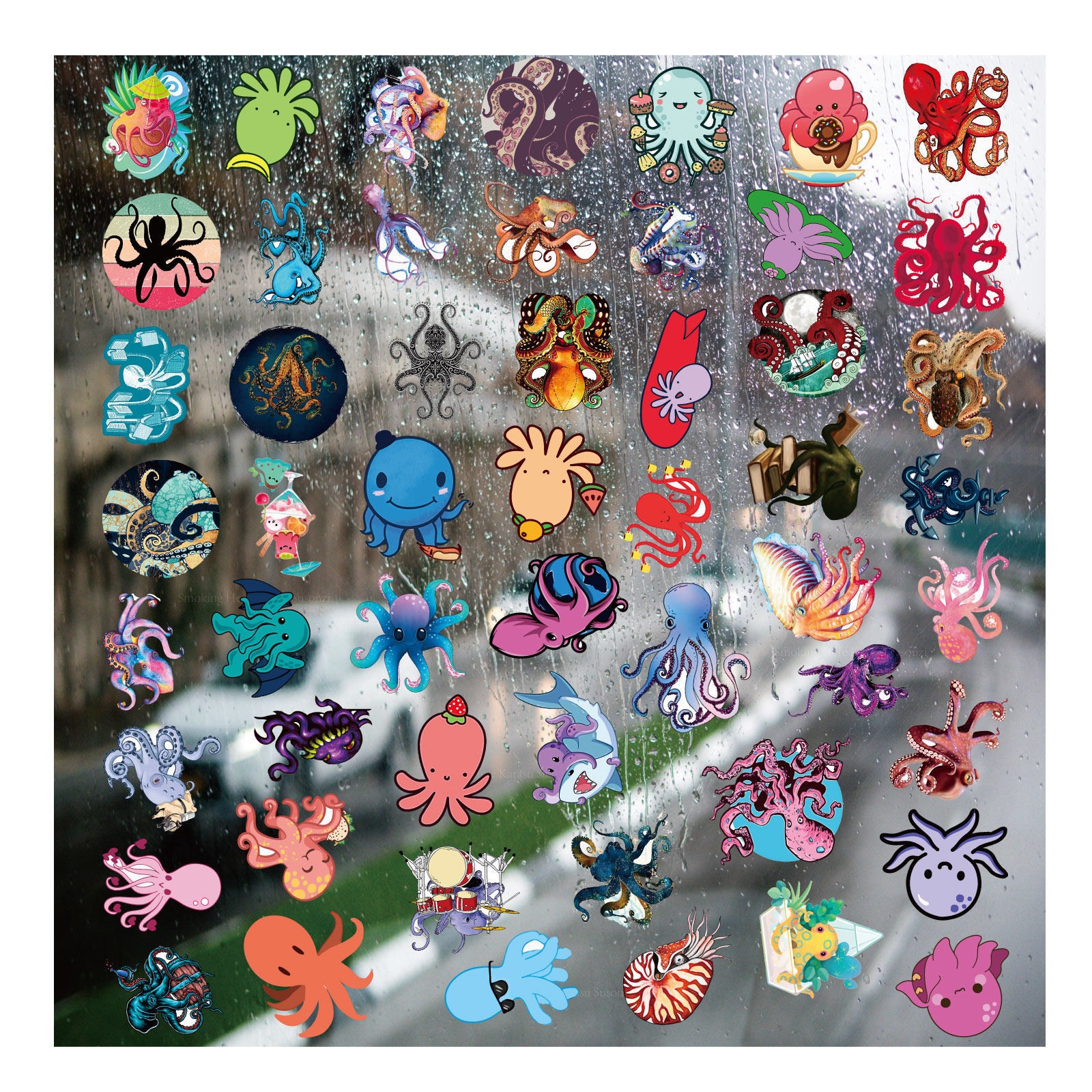 海洋动物八爪章鱼UV转印贴卡通套图水晶标签户外防水手机装饰贴纸