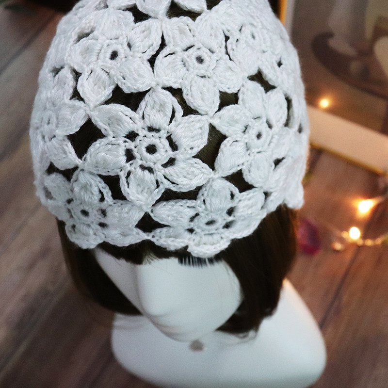 2024早春新款韩版针织帽纯手工钩花甜美贝雷帽保暖毛线帽潮显脸小