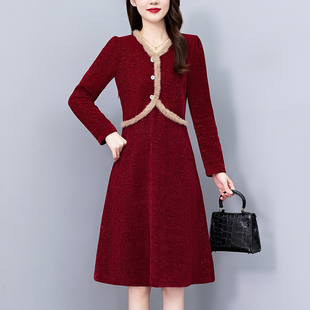 红色喜庆喜婆婆喜妈妈秋冬长袖连衣裙子大码女装胖mm亮闪闪灯芯绒