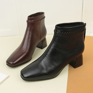 饰百搭瘦瘦靴 方头真皮短靴女粗跟后拉链编织装 6080冬季 新法式