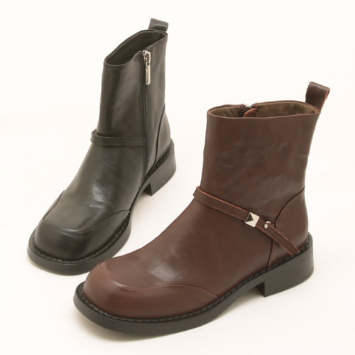 5711冬季新款复古大头皮带扣机车棉靴女英伦风侧拉链切尔西短靴