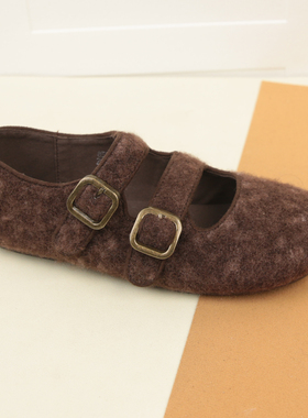 6154春季新款复古双排扣毛呢平底玛丽珍鞋女时尚百搭加绒毛毛鞋