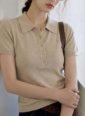 法式冰丝polo衫针织短袖T恤女夏季休闲气质修身显瘦凉感正肩上衣