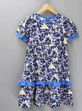 续wu家120-140夏品牌童装折扣/儿童纯棉布短袖薄款连衣裙22980蓝