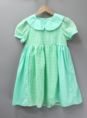 续wu家120-150夏品牌童装折扣/儿童柔软短袖薄款连衣裙22975绿