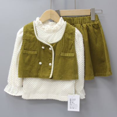 S米xi里90春秋 品牌童装折扣/儿童上衣+背心+短裙套装23425绿