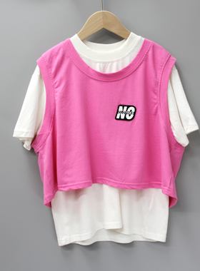 续wu家120/140夏 品牌童装折扣/童马甲 短袖T恤 短裤三件22628粉