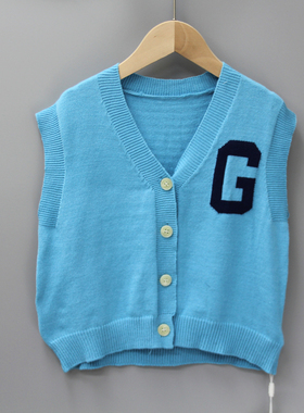 S留xia家130春秋 品牌童装折扣/儿童休闲马甲背心毛33115蓝