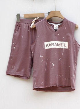 T拉系列100夏装 品牌童装折扣/无袖背心+短裤套装26426豆沙