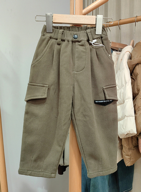 KS果zi家80-110秋冬品牌童装折扣/儿童加绒休闲一体绒厚长裤873绿