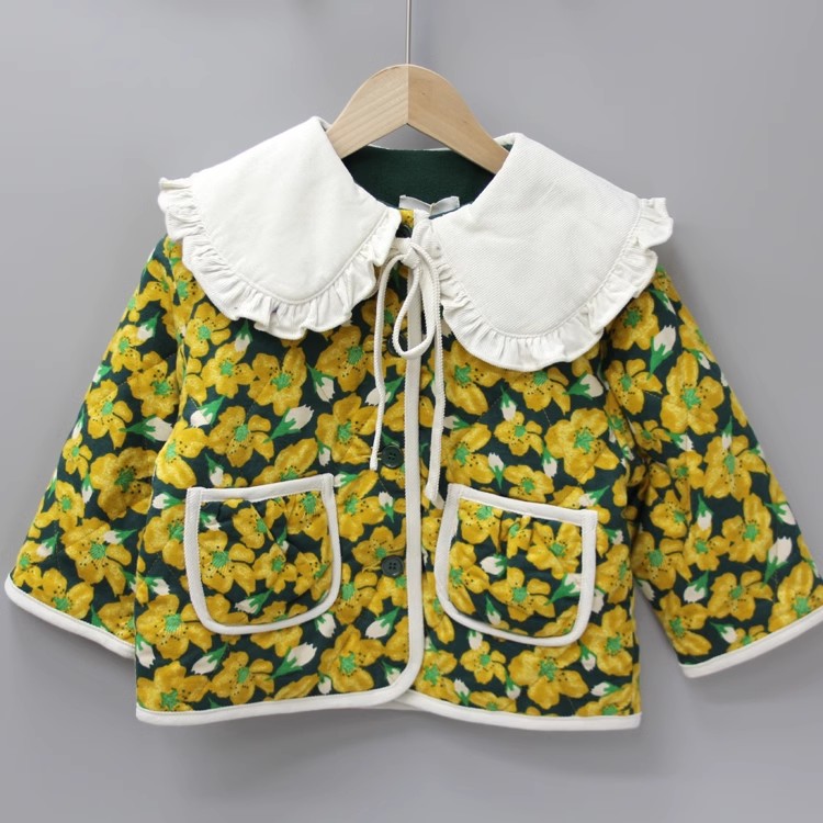 Y榛guo酱110/120冬童装品牌折扣/童荷叶领厚柔软棉袄外套22013黄