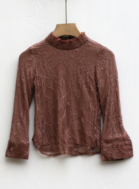 N品.换标100/130春秋装 品牌童装折扣/立领蕾丝长袖T恤打底579咖