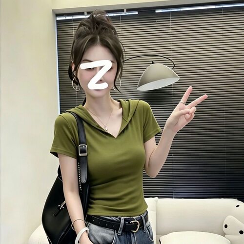短袖纯色韩版夏季2026mm连帽新款设计显瘦修身款上衣T恤小众女士